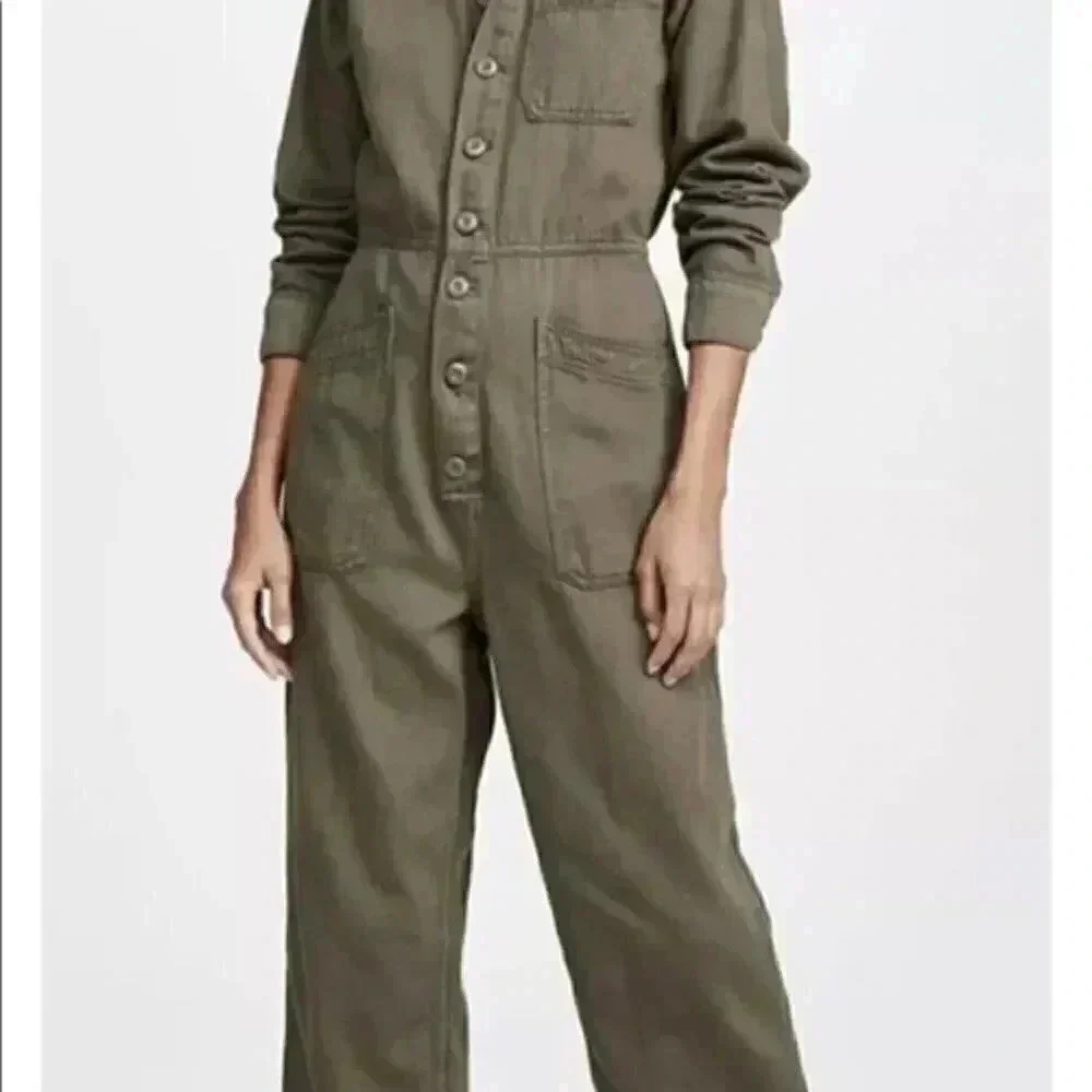 Free People Jumpsuit Utility Gia Coverall Slouchy Olive Distressed Patch Pockets